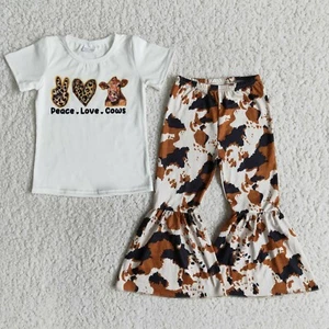 Girls Short Sleeve Top Bell Pants Set Peace Love Cows 2PCS Outfit - Picture 1 of 1