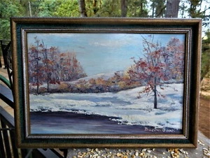 1930s Small Impressionist Autumn Winter Snow River Landscape Oil Painting Signed - Picture 1 of 12