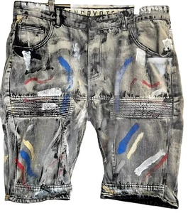 Encrypted Denim Shorts Mens Streetwear Multi Colored Painted Size 42 Moto Grunge - Picture 1 of 10