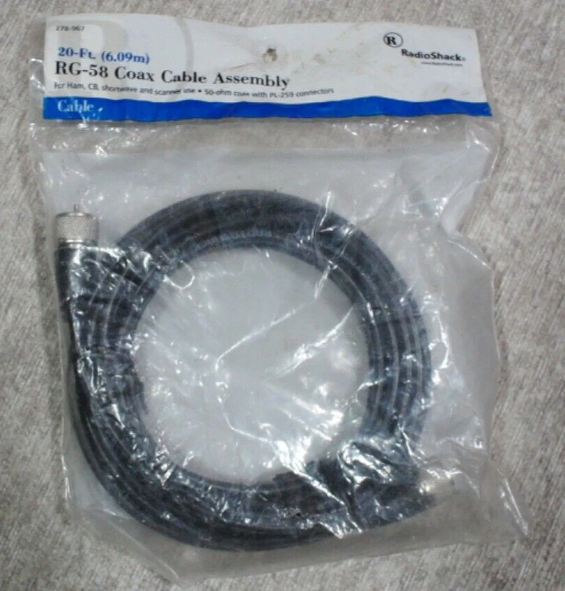 nos RG-58 COAX CABLE 50 Ohm w/ PL-259 connectors Cable Model: 278-967 20 Foot - Image 1 of 2
