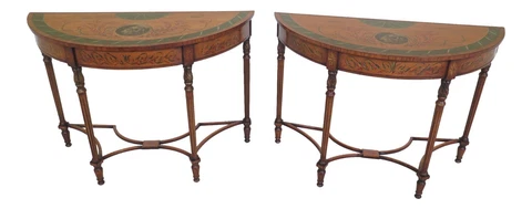 31597EC/98EC: Pair English Made Adam Paint Decorated Demilune Console Tables Cover