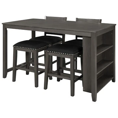 5 Pieces Counter Height Dining Set Storage Shelves Table 2 Chairs 2  Stools Gray - Image 1 of 4