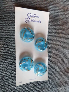 4 Vintage Antique Schwanda Germany Moonglow Glass Buttons Blue w/ Gold Trim - Picture 1 of 2