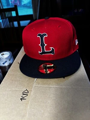 Chapéu de beisebol New Era 59Fifty vermelho Lowell Spinners tamanho 7 3/8 ajustado azul marinho "L" - Imagem 1 de 4