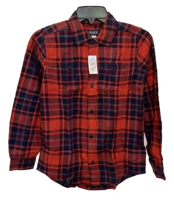 NWT Children’s Place Boys Button Up Plaid Orange Navy Dress Shirt L 10/12 - Image 1 of 4