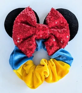 Hair Scrunchie w/Mouse Ears Sequins Bow Snow White Colors - Picture 1 of 2