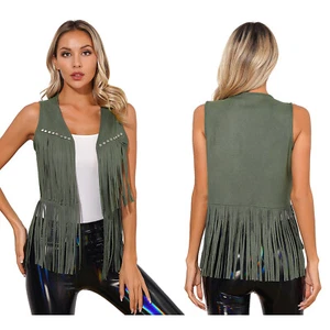 Women Western Cowgirl Costume Fringe Faux Suede Waistcoat Vest Cardigan - Picture 1 of 85