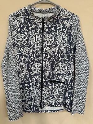 Long Sleeve Swim Top Womens Large Blue White Full Zip Boutique Pocket - Image 1 of 4