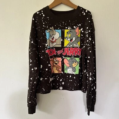 Tom and Jerry Sweatshirt Kids Size Large 11-13 Cropped Black Paint Splatter - Image 1 of 4
