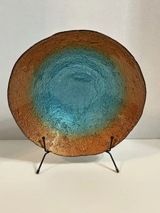 Art Glass Centerpiece Bowl Copper Teal Iridescent Fused Glass Textured Exterior - Picture 1 of 10