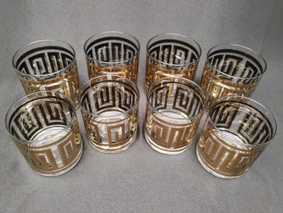 VTG CULVER 22K Gold Greek Key Glasses 8pc Set 4 Old Fashioned 4 Tumblers USA - Image 1 of 4
