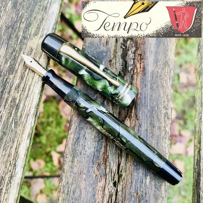 1930s TEMPO FINO AUSTRIA GREEN CELLULOID 14K FLEX MNT VINTAGE ULTRA RARE FTN PEN - Image 1 of 4