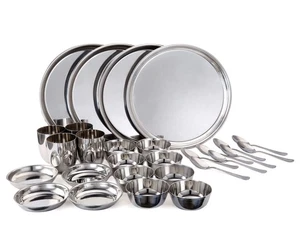 Stainless Steel Dinner Set | 4 Stainless Steel Plates, 8 Bowls, 8 Shiny Spoon... - Bild 1 von 8