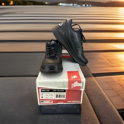 ✅New Balance 577 步行鞋女式 7B 黑色皮革运动鞋美国制造 全新带盒 — 第 1/4 张图片