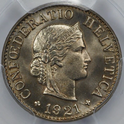 1921 B Switzerland 5 Rappen, PCGS MS67 (Top Pop 5/0) - Image 1 of 4
