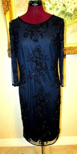 NEW PISARRO NIGHTS SZ 4 NAVY FULLY BEADED SEQUINED EMBELLISHED 3/4" SLEEVE DRESS - Picture 1 of 11