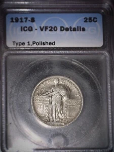 1917-S Standing Liberty Quarter, ICG VF20 Polished, Key Date, Type 1 - Picture 1 of 2