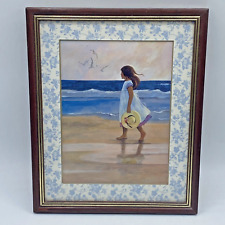 Girl Walking On The Beach Framed Picture Made In England 11"X9" Vintage