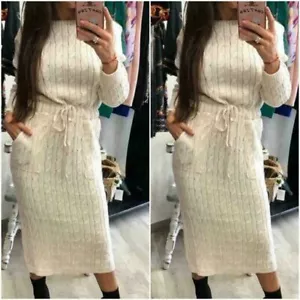 Abito top donna donna donna donna lavorato a maglia tasca manica lunga cravatta midi festa - Foto 1 di 12