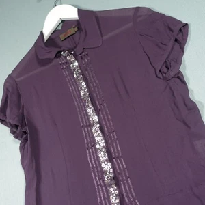 Reiss Shirt Blouse Women 12 Purple Sequin Button Up Silk Chiffon See Through Top - Picture 1 of 17