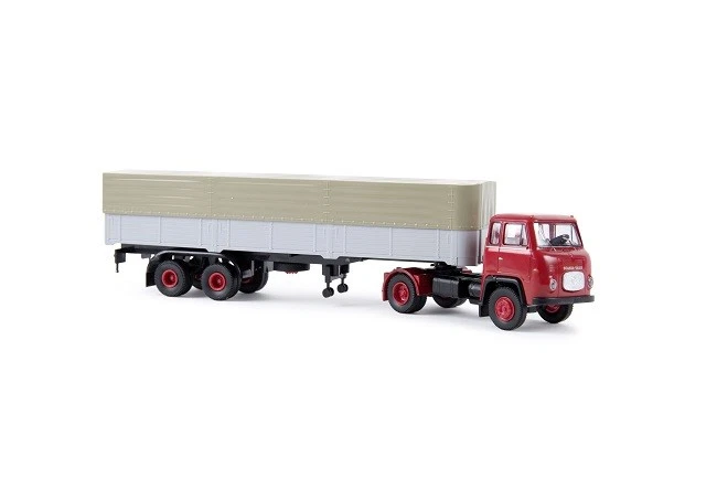 Brekina 85153 - 1/87 Scania LB 76 Flatbed/Tarpaulin Semitrailer - Red/Silvery - Image 1 of 1