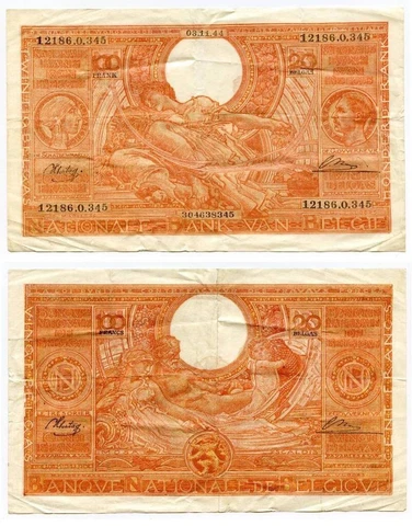 Rare Currency November 3, 1944 Belgium 100 Francs 20 Belgas Banknote P113 VF+ Cover