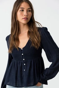 Jolie n Joy Sz XL Black Elastic Smocked V Neck Blouse Bell Long Sleeves Stretch - Picture 1 of 6