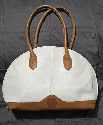 Bolso de cuero Unisa vintage blanco con ribete marrón cremallera abierta completa Foto 1 de 4