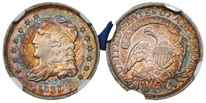 1837 *Large 5C* Capped Bust HALF DIME *NGC AU55* Rainbow Toning *FREE SHIPPING! - Picture 1 of 4