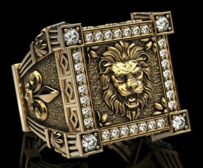 Anillo de compromiso de león simulado de corte redondo de plata de ley 925 para hombre Foto 1 de 4