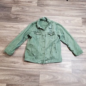 Boohoo Olive Green Denim Button Up Steam Punk 90's Jean Jacket Womens Size 10 - Picture 1 of 12