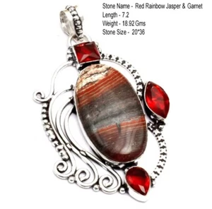 Red Rainbow Jasper & Garnet Pendant – Artisan Tibetan Silver Design – Boho - Picture 1 of 1