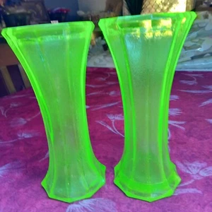 Rare Pair of Large Very Old Green Uranium Glass Vases Depression Era 1920/30s - Picture 1 of 24