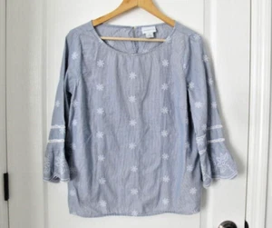 Liz Claiborne M Bluse Baumwolle blau 3/4 Glockenärmel bestickt weiß geblümt - Bild 1 von 18