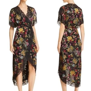 Alice + Olivia Adele Floral Wrap Midi Dress Lace Trim Black Size 2 retail $498 - Picture 1 of 15