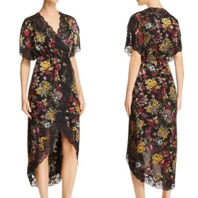 Alice + Olivia Adele Floral Wrap Midi Dress Lace Trim Black Size 2 retail $498 - Image 1 of 4