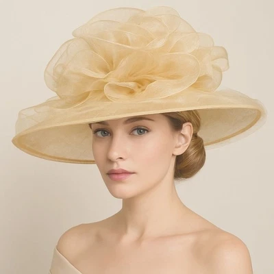 Bellady Wide Brim Church Hat VTG Champagne Wedding Sinamay Formal Church Derby - Image 1 of 4