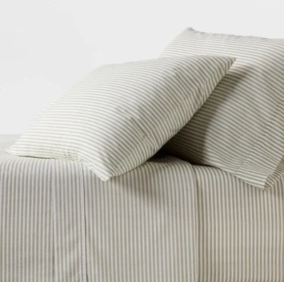 Organic KING Green/Sage Pinstripe 4 Pc Sheet Set~100% Cotton Percale - Image 1 of 4