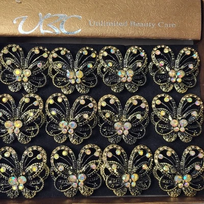 UBC Butterfly Ring Box of 12 Vintage Style Gold Tone Rhinestone Adjustable Band - Image 1 of 4