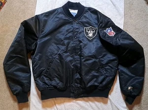 Vintage Starter XL Los Angeles Las Vegas Raiders NFL Bomber Jacket Black Satin - Picture 1 of 10