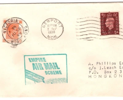 GB/HONG KONG KGVI *MIXED FRANKING* Cover EMPIRE AIR MAIL SCHEME 1938 Wales KA807 - Image 1 of 4