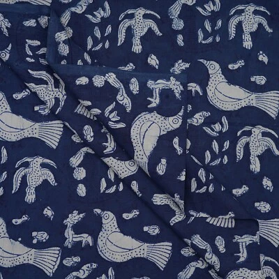 Tela suelta sin coser de algodón estampado azul índigo animal pájaro animal por yarda Foto 1 de 4