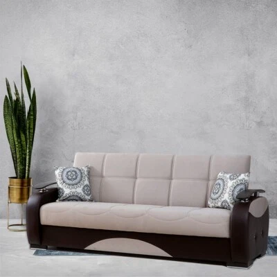 Sofá cama arco iris beige y marrón claro de cuero PU con brazo de madera Foto 1 de 4