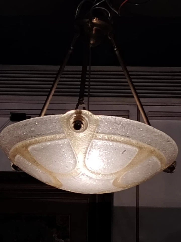 VINTAGE ART DECO FIXTURE PAIR OF GLASS LAMP DOME CHANDELIER BRASS CEILING LIGHT - Image 1 of 4