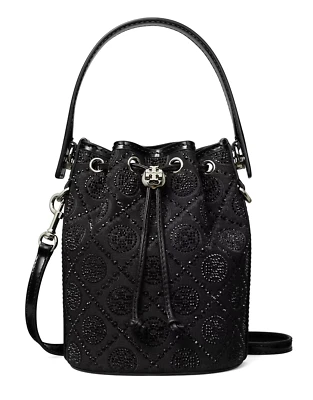 NWT TORY BURCH $498 T MONOGRAM HOTFIX SEQUIN EMBELLISHED BLACK MINI BUCKET BAG - Image 1 of 4