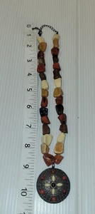 Necklace Stone Like Beads With Round Metal Pendant Earth Tone Colors 10 Inch - Picture 1 of 7