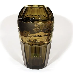 OERTEL ART DECO BOHEMIAN GLASS VASE GOLD CHARIOT HORSE RACE SCENE VINTAGE 10.25" - Picture 1 of 8