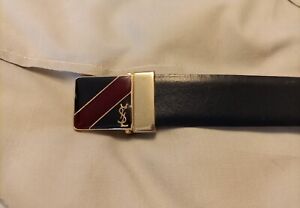 YSL Vintage Enamel Navy Leather Belt 1970s Twist Buckle 