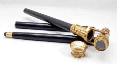 Telescopio oculto de latón vintage con mango de cabeza de reloj bastón de madera Foto 1 de 4