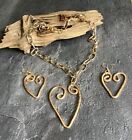 Gold Coloured Paperclip Chain Hammered Heart Necklace Set.